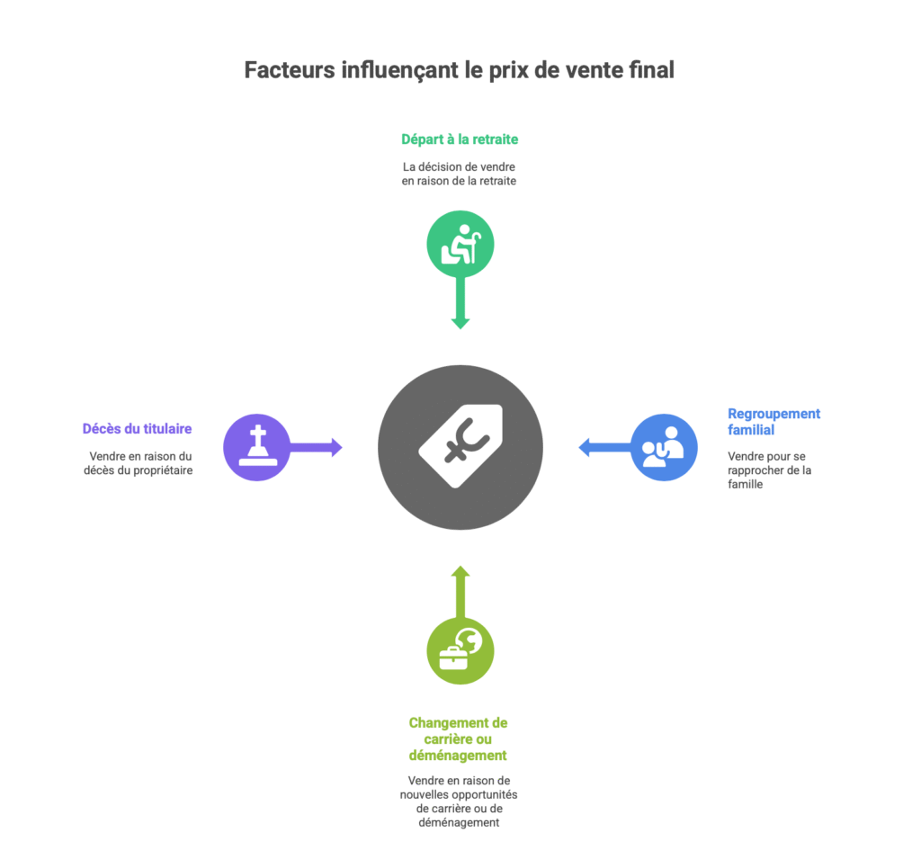 Illustration représentant les causes fréquentes de vente d'une pharmacie : départ à la retraite, regroupement familial, changement de carrière, déménagement ou décès du titulaire