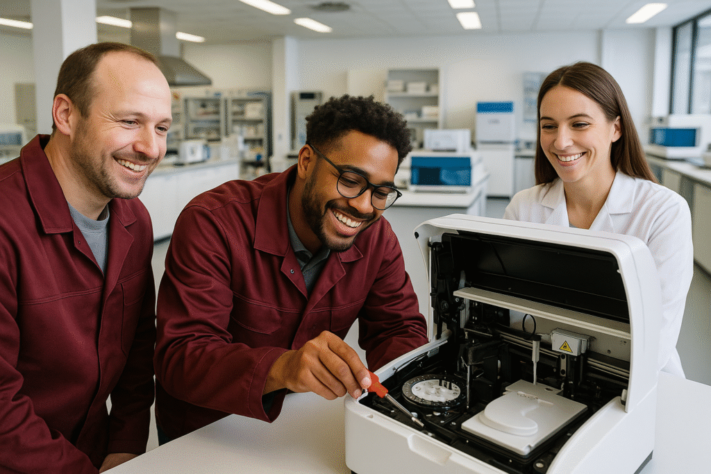 Équipe technique de réparant un automate de laboratoire dans un environnement moderne, illustrant le service après-vente réactif et personnalisé du principal fournisseur de matériel de laboratoire au Maroc.