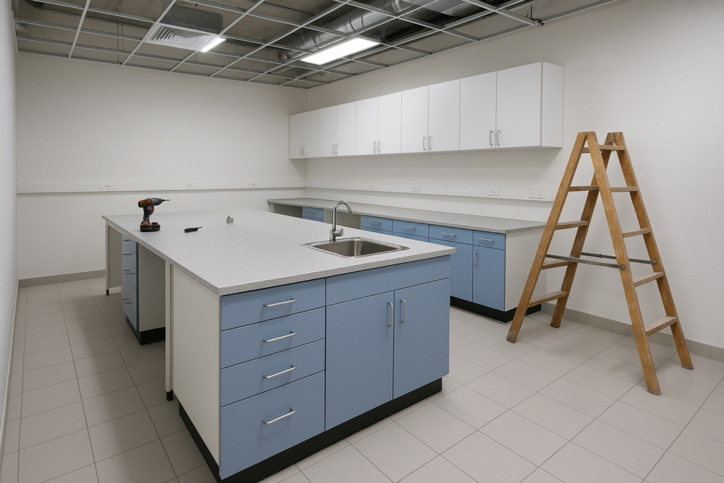 Laboratoire de biologie médicale en construction avec mobilier bleu, plan de travail, évier intégré et échelle en bois, dans un espace propre et lumineux.