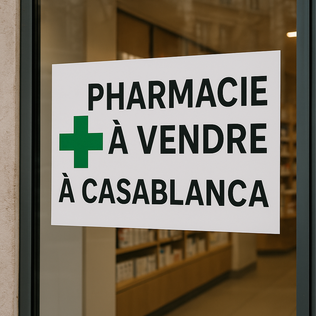 Annonce pharmacie à vendre à Casablanca affichée sur la vitrine d’une officine avec croix verte, vue extérieure du local