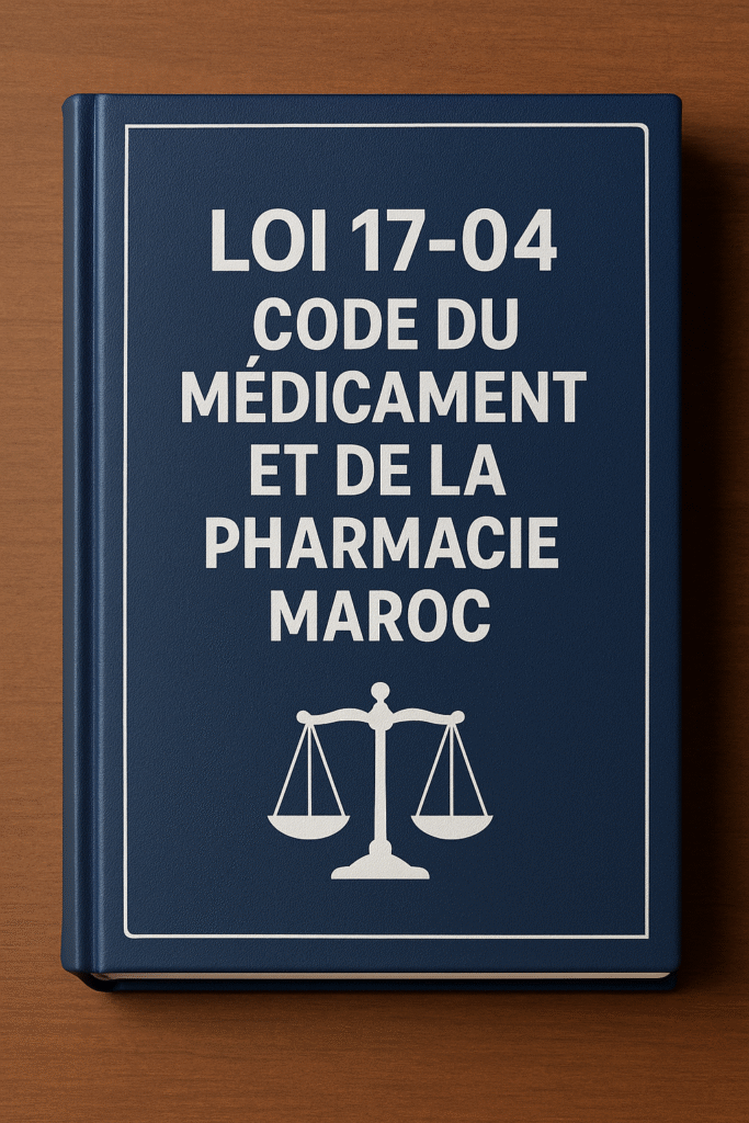 Livre bleu Loi 17-04 sur le code du médicament et de la pharmacie au Maroc avec symbole de la justice, posé sur une table en bois
